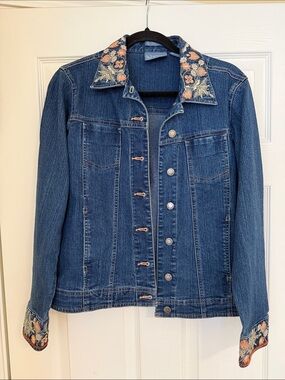 Embroidered Collar Blue Denim Jean Jacket - Coldwater Creek